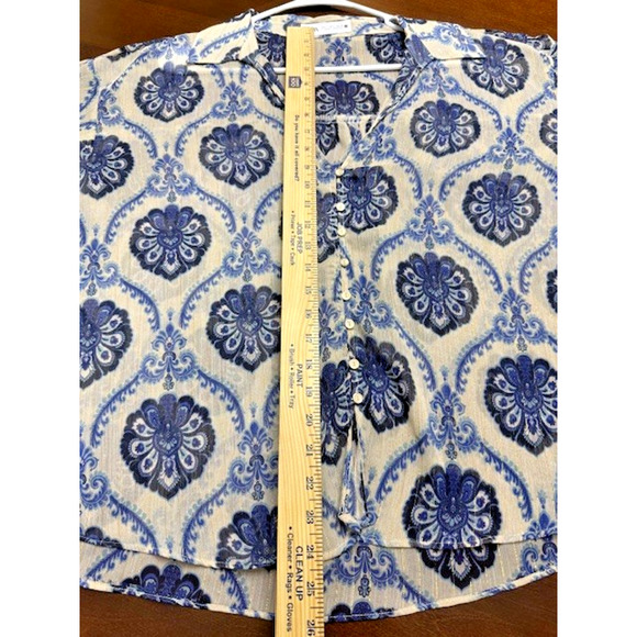 Zara Blue Floral Metallic Mosaic V Neck Boho Long Sleeve Blouse Semi Sheer Large - Picture 7 of 8